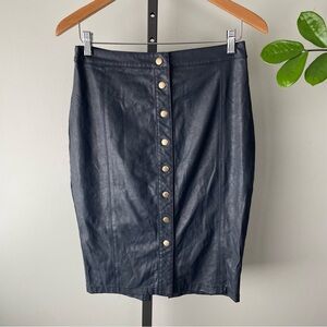 Ever New Button Down Faux Vegan Leather MIDI Skirt Navy Blue Size 6 Small